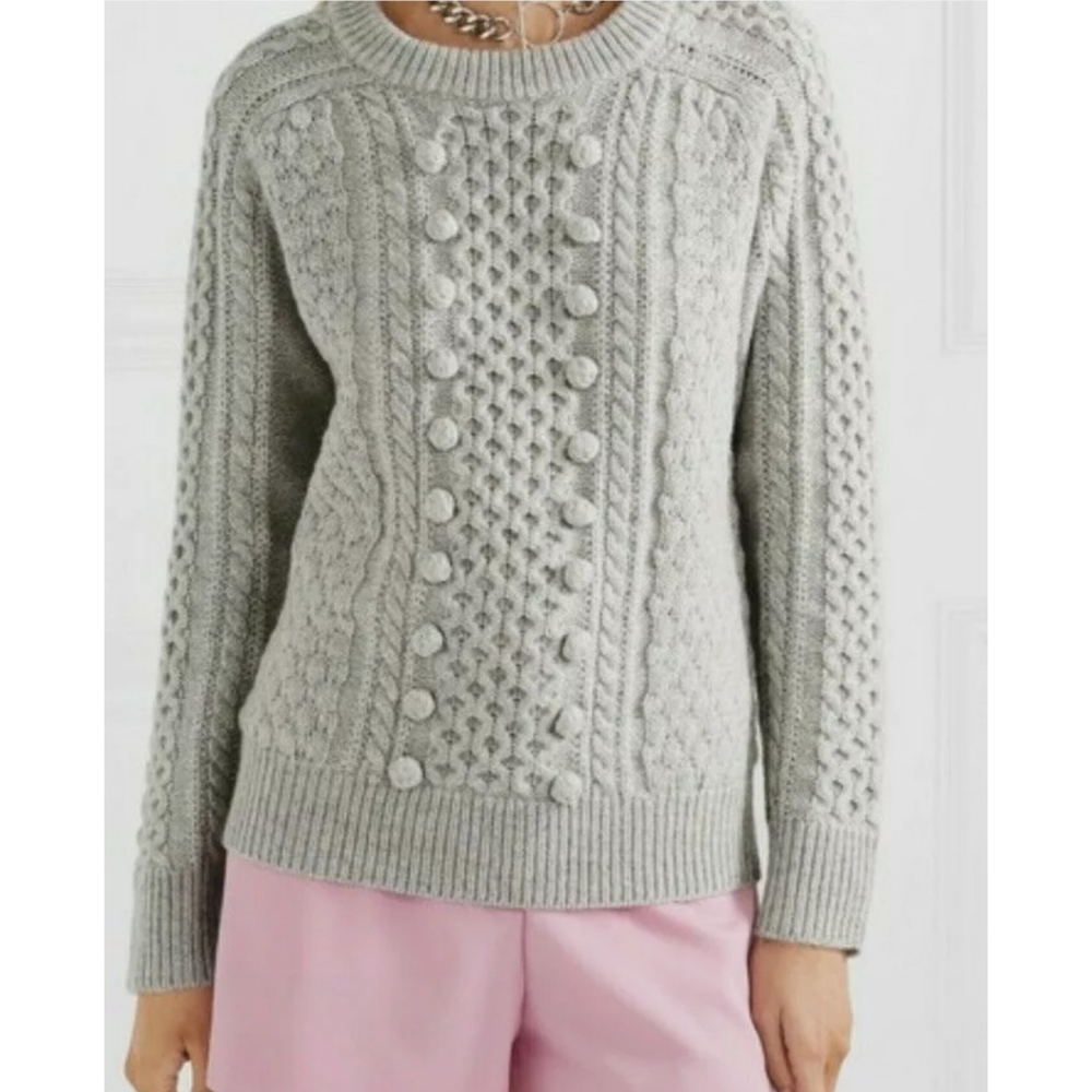 J. Crew Light Gray Cable Knit Pom-Pom Sweater